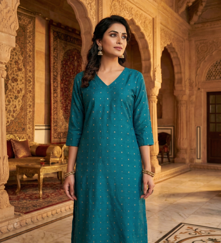 Teal Gold Buti Straight Kurta