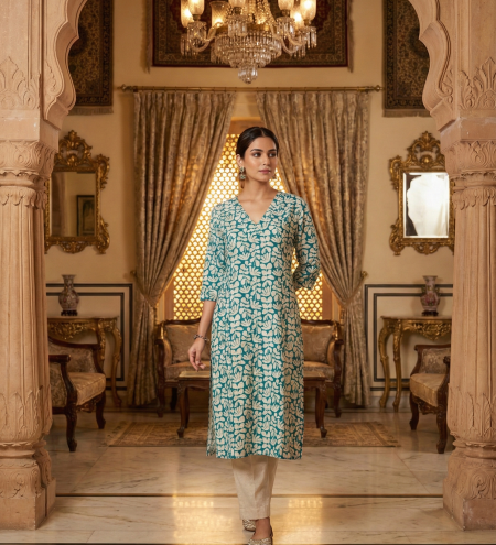 Women's Teal Floral Printed Straight Kurti